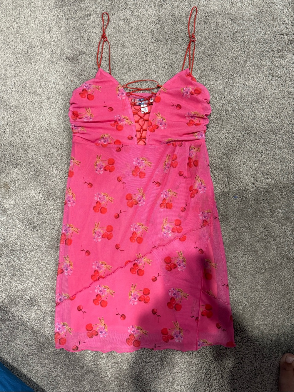Urban Outfitters Pink Cherry-Print Lace-Up Mini Dress